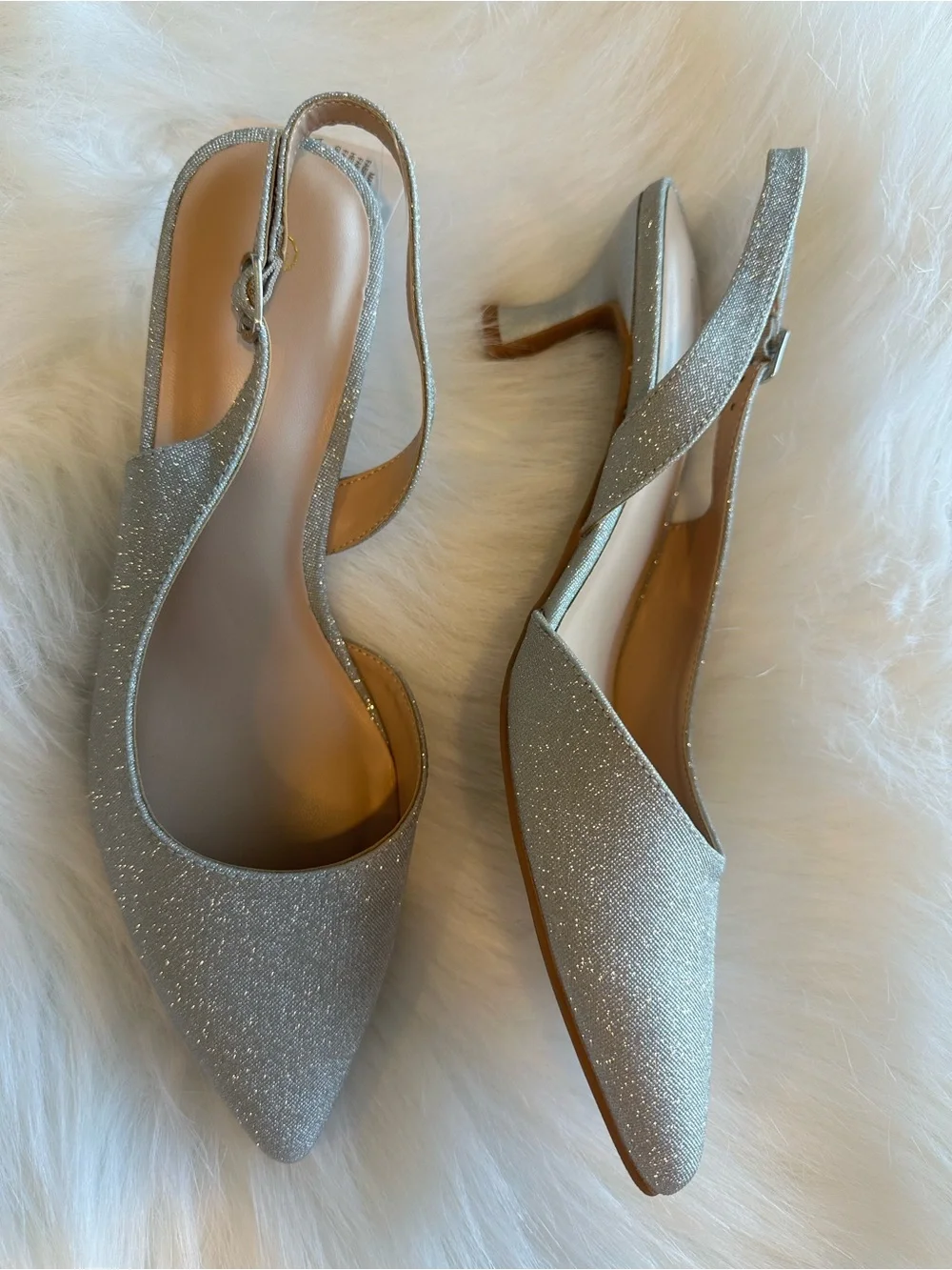 Mysoft Silver Glitter Slingback Kitten Heel Pumps Sz 8.5 NWT